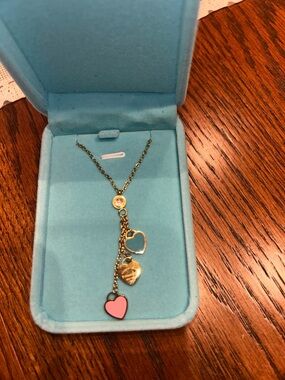 Tiffany & Co. Gold Heart Lariat Necklace with Pink & Blue Enamel Charms